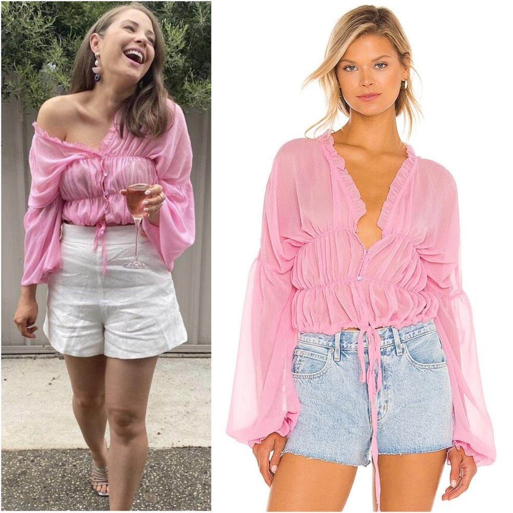REVOLVE Pink Ruffled Tie-Front Sheer Blouse